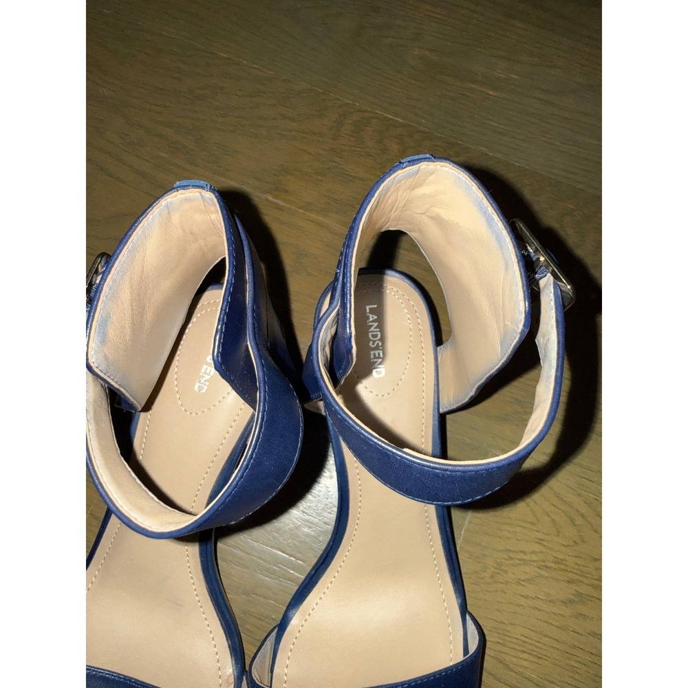 Lands End Womens Navy Blue Leather Block Heel Ankle Strap Sandals 6B - Picture 2 of 8